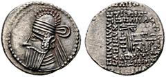 GRIECHISCHE MÜNZEN PARTHIA. Königreich der Arsakiden. Vologases IV. (147-191). Drachme (3,61g), Ekbatana. Büste des Königs mit Tiara und Diadem / Arsakes mit Bogen auf Thron, im r. Feld Monogramm. Sel