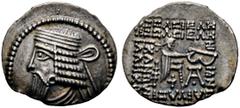 GRIECHISCHE MÜNZEN PARTHIA. Königreich der Arsakiden. Vologases I. (51-78). Drachme (3,47g), Ekbatana. Av.: Büste des Königs mit Tainia n.l. Rv.: Arsakes mit Bogen auf Thron n.r., davor Monogramm. Sel