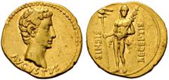 RÖMISCHE KAISERZEIT Augustus (27 v. Chr.-14 n. Chr.). Aureus (7,75g), Münzstätte in Spanien (Colonia Caesaraugusta?), 19-18 v. Chr. Av.: AVGVSTVS, Kopf n.r. Rv.: SIGNIS / RECEPTIS, Mars mit Aquila und