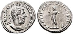 RÖMISCHE KAISERZEIT Macrinus (217-218). Denarius (3,41g), Roma, 2. Emission, Januar-Februar 218 n. Chr. Av.: IMP C M OPEL SEV MACRINVS AVG, Büste mit Lorbeerkranz und Kürass n.r. Rv.: PONTIF MAX TR P 