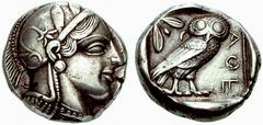 Makedonien, Griechenland ATTIKA - Athen Athen Tetradrachme (17,17 g), 479/393. Av.: behelmter Athenakopf rechts. Rv.: Eule sitzt rechts, links Olivenzweig und Mondsichel. SNG.Cop:31ff. s.sch. Estimate
