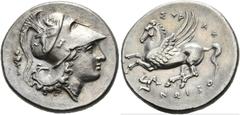 Ancient Coins: Greek SICILIA - Syrakus - Agathokles (317-289) Stater (8,72 g), ca. 317-306/5 v. Chr. Av.: Kopf der Athena mit korinthischem Helm n.r., auf dem Helmkessel Greif, dahinter Beizeichen Tro