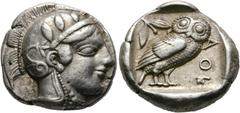 Ancient Coins: Greek ATTIKA - Athen Tetradrachme (17,17 g), Gruppe "after 449 B.C.", nach 449 v. Chr. Av.: Kopf der Athena mit attischem Helm und Lorbeerkranz n.r. Rv.: AΘE, Eule n.r., Kopf v.v., dahi