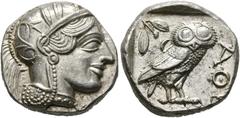 Ancient Coins: Greek ATTIKA - Athen Tetradrachme (17,20 g), ca. 449-404 v. Chr. Av.: Kopf der Athena mit attischem Helm und Lorbeerkranz n.r. Rv.: AΘE, Eule n.r., Kopf v.v., dahinter Olivenzweig und M