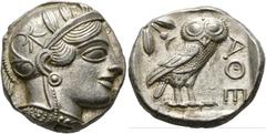 Ancient Coins: Greek ATTIKA - Athen Tetradrachme (17,21 g), ca. 449-404 v. Chr. Av.: Kopf der Athena mit attischem Helm und Lorbeerkranz n.r. Rv.: AΘE, Eule n.r., Kopf v.v., dahinter Olivenzweig und M