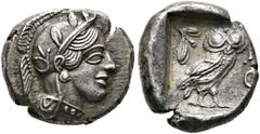 Ancient Coins: Greek ATTIKA - Athen Drachme (4,20 g), ca. 454-404 v. Chr. Av.: Kopf der Athena mit attischem Helm und Lorbeerkranz n.r. Rv.: AΘE, Eule n.r., Kopf v.v., dahinter Olivenzweig, alles im Q