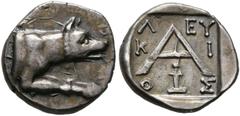 Ancient Coins: Greek ARGOLIS - Argos Triobol (2,38 g), ca. 90-50 v. Chr. Av.: Wolfsprotome n.r. Rv.: Λ-EY/K-I/O-Σ (in den Feldern), Großes A, darunter Herme. BCD (Peloponnes) 1161, HGC 5, - . Leicht g