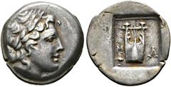 Ancient Coins: Greek LYCIA - Masikytes Hemidrachme (1,91 g). Ausgabe der Lykischen Liga, Periode IV, Serie I, ca. 48-42 v. Chr. Av.: Kopf des Apollon mit Lorbeerkranz n.r. Rv.: M - A (in den Feldern),