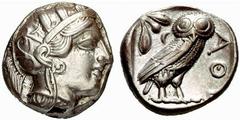 Griechische Münezne Thrakien - Karien ATTIKA - Athen Athen Tetradrachme (17,13 g), 479/393. Av.: behelmter Kopf rechts. Rv.: Eule steht rechts, links Olivenzweig und Mondsichel. SNG.Cop:31ff. f.vzgl. 