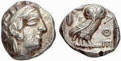 Griechische Münezne Thrakien - Karien ATTIKA - Athen Athen Tetradrachme (17,20 g), 479/393. Av.: behelmter Kopf rechts. Rv.: Eule steht rechts, links Olivenzweig und Mondsichel. SNG.Cop:31ff. s.sch./v