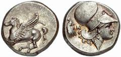 Griechische Münezne Thrakien - Karien KORINTHIA - Korinthos Korinthos Stater (8,53 g), 345/307. Rv.: behelmter Kopf rechts, links Hahnkopf und N. Av.: Pegasos fliegt links. Calciati:377. vzgl. Estimat