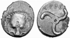 Griechen: Makedonien bis Kilikien LYKIEN - Lykische Dynasten Trbbänimi um 380 Tetrobol (2,73 g), 380-370 BC. Av.: Löwenskalp v.v. Rv.: Triskeles. SNG Cop 29, SNG Keckman 490: kl.Kratzer, winz.Druckste