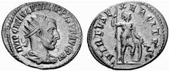 Römisches Kaiserreich: Philippus Arabs bis Philippus II. Philippus I. Arabs-244-249 Antoninian (3,50 g), Antiochia 244 AD. Av.: IMP C M IVL PHILIPPVS PF AVG PM, Portrait n.r. Rv.: VIRTVS EXERCITVS, Vi