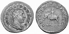 Römisches Kaiserreich: Philippus Arabs bis Philippus II. Philippus I. Arabs-244-249 Antoninian (3,44 g), Rom 247-249 AD. Av.: IMP PHILIPPVS AVG, Portrait n.r. Rv.: AETERNITAS AVGG, Elephant mit Reiter