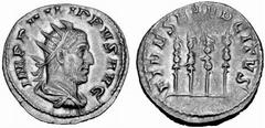 Römisches Kaiserreich: Philippus Arabs bis Philippus II. Philippus I. Arabs-244-249 Antoninian (4,13 g), Rom 247-249 AD. Av.: IMP PHILIPPVS AVG, Portrait n.r. Rv.: FIDES EXERCITVS, vier Standarten. RI