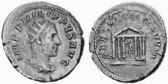 Römisches Kaiserreich: Philippus Arabs bis Philippus II. Philippus I. Arabs-244-249 Antoninian (5,05 g), Rom 248 AD. Av.: IMP PHILIPPVS AVG, Portrait n.r. Rv.: SAECVLVM NOVVM, Tempel der Roma mit sech
