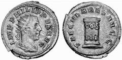 Römisches Kaiserreich: Philippus Arabs bis Philippus II. Philippus I. Arabs-244-249 Antoninian (4,12 g), Rom 248 AD. Av.: IMP PHILIPPVS AVG, Portrait n.r. Rv.: SAECVLARES AVGG, Cippus mit COS / III. R