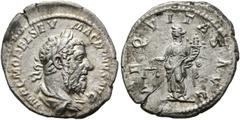 RÖMISCHE KAISERZEIT Macrinus (217-218 n. Chr.) (D) Denarius (2,59 g), Roma, 3. Emission, Anfang März-Anfang/Mitte Juni 218 n. Chr. Büste mit Lorbeerkranz und Drapierung / Aequitas mit Waage und Cornuc