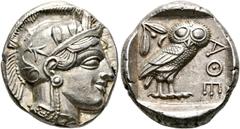 GRIECHISCHE MÜNZEN ATTIKA. Athen. (D) Tetradrachme (17,19 g), ca. 430-420 v. Chr. Av.: Kopf der Athena mit attischem Helm und Lorbeerkranz n.r. Rv.: AΘE, Eule n.r., Kopf v.v., dahinter Olivenzweig und