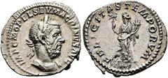 RÖMISCHE KAISERZEIT Macrinus (217-218). (D) Denarius (2,72 g), Roma, 2. Emission, September 217-Februar 218 n. Chr. Büste mit Lorbeerkranz und Kürass / Felicitas mit Caduceus und Cornucopiae. RIC IV 6