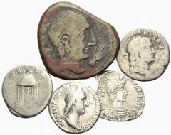 ANTIKE LOTS Kleines interessantes Lot mit 3 Denarii, 1 Siliqua und 1 Bronzemünze: Nero (Vesta-Tempel, sch.-s.sch.), Vespasian (Iudaea, gering erhalten), Sabina (Concordia, leichte Korrosionsspuren, et