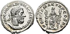 RÖMISCHE KAISERZEIT Macrinus (217-218 n. Chr.) Denarius (3,71 g), Roma, 2. Emission, Oktober-Dezember 217 n. Chr. Av.: IMP C M OPEL SEV MACRINVS AVG, Büste mit Lorbeerkranz und Kürass n.r. Rv.: PONTIF