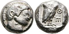 GRIECHISCHE MÜNZEN ATTIKA. Athen. Tetradrachme (17,34 g), Gruppe "Pre-Persian", ca. 485-480 v. Chr. Kopf der Athena mit attischem Helm / Eule, dahinter Olivenzweig. Starr Tf. I, C/E, HGC 4, 1591 (R2).