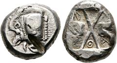 GRIECHISCHE MÜNZEN LYCIA. Lykische Dynasten. Unbekannter Dynast. Stater (9,33 g), unbekannte Münzstätte, ca. 5. Jhdt. v. Chr. Eberprotome / Viergeteiltes Incusum. Müseler II, 2var (dort ohne Buchstabe