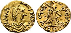 VÖLKERWANDERUNG WESTGOTEN. Unbekannte Herrscher. Tremissis (1,46 g), frühe westgotische Imitation einer Tremissis des Anastasius I., ca. Ende 5./Anfang 6. Jhdt. n. Chr. Stilisierte Büste mit Perlendia