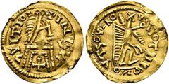 VÖLKERWANDERUNG WESTGOTEN. Unbekannte Herrscher. Tremissis (1,40 g), westgotische Imitation einer Tremissis des Iustinus II., ca. 6. Jhdt. n. Chr. Stilisierte Büste mit Brustkreuz / Stilisierte Victor