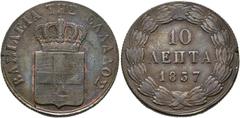 GRIECHENLAND Otto I. 1832-1862. 10 Lepta 1837, Athen Divo 18c; Karamitsos 74; Schrötlingsfehler s.sch. (D).