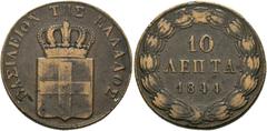 GRIECHENLAND Otto I. 1832-1862. 10 Lepta 1844, Athen Divo 19a; Karamitsos 78; Schrötlingsfehler f.s.sch. (D).