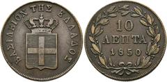 GRIECHENLAND Otto I. 1832-1862. 10 Lepta 1850, Athen Divo 20d; Karamitsos 84; winz. Randfehler s.sch. (D).