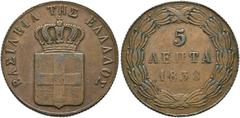 GRIECHENLAND Otto I. 1832-1862. 5 Lepta 1838, Athen Divo 21e; Karamitsos 59; RV leichte Prägeschwäche s.sch.+ (D).