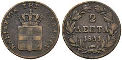 GRIECHENLAND Otto I. 1832-1862. 2 Lepta 1851, Athen Divo 28a; Karamitsos 53 s.sch. (D).