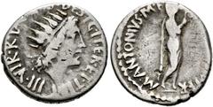 RÖMISCHE REPUBLIK IMPERATORISCHE ZEIT. M. Antonius. Denarius (3,42 g), Heeresmünzstätte in oder bei Athen, 38 v. Chr. Kopf des Sol / Marcus Antonius als Augur mit Lituus n.r. Crawford 533/2, Albert 16