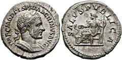 RÖMISCHE KAISERZEIT Macrinus (217-218). Denarius (2,79 g), Roma, 1. Emission, Anfang/Mitte Mai-Ende Juli 217 n. Chr. Büste mit Lorbeerkranz und Kürass / Salus mit Patera und Szepter auf Thron, davor A