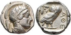 GRIECHISCHE MÜNZEN ATTIKA - Athen. ATTIKA. Tetradrachme (17,19 g), ca. 454-404 v. Chr. Av.: Kopf der Athena mit attischem Helm und Lorbeerkranz n.r. Rv.: AΘE, Eule n.r., Kopf v.v., dahinter Olivenzwei