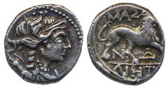 Ancient, Greek coins, Massalia. Gaul (c. 2nd Century BC). 2.99 g. Drachm. Diademed and draped bust of Artemis/Lion prowling right. Ex. Numismatik Lanz. VF