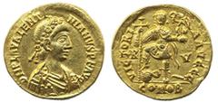 Ancient coins Ancient, Roman Empire, Valentinian III (425-455). Solidus, 4.47 g, Ravenna mint. D N PLA VALENTI-NIANVS P F AVG, bust right / VICTORI-A AVGGG, Valentinian standing. Small planchet fault.