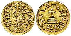 Visigothic Coins Leovigildus (569-586). Tremissis. Toleto (Toledo). (R. Pliego-42c). (Cnv-40.1). (Miles-28a). Anv.: DᴎLIVVICILDVS. Diademed bust with mantle and cross on the chest. Rev.: TOLEDO REX, P
