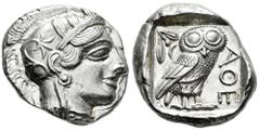 Greek Coins Attica. Tetradrachm. 454-404 BC. Athens. (Gc-2526). (Sng Cop-31). Anv.: Head of Athena right, wearing crested Attic helmet ornamented with three olive leaves above visor and spiral palmett