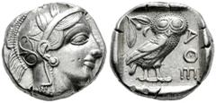 Greek Coins Attica. Tetradrachm. 454-404 BC. Athens. (Gc-2526). (Sng Cop-31). Anv.: Head of Athena right, wearing crested Attic helmet ornamented with three olive leaves above visor and spiral palmett