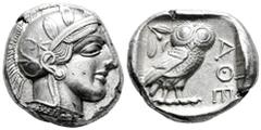 Greek Coins Attica. Tetradrachm. 454-404 BC. Athens. (Gc-2526). (Sng Cop-31). Anv.: Head of Athena right, wearing crested Attic helmet ornamented with three olive leaves above visor and spiral palmett