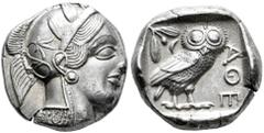 Greek Coins Attica. Tetradrachm. 454-404 BC. Athens. (Gc-2526). (Sng Cop-31). Anv.: Head of Athena right, wearing crested Attic helmet ornamented with three olive leaves above visor and spiral palmett