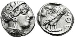 Greek Coins Attica. Tetradrachm. 454-404 BC. Athens. (Gc-2526). (Sng Cop-31). Anv.: Head of Athena right, wearing crested Attic helmet ornamented with three olive leaves above visor and spiral palmett