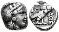 Greek Coins Attica. Athens. Tetradrachm. 353-294 BC. (Sng Cop-63). (Hgc-4,1599). Anv.: Head of Athena to right, wearing earring, necklace, and crested Attic helmet decorated with three olive leaves ov