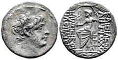 Greek Coins Seleukid Kingdom. Antiochos X Eusebes Philopator. Tetradrachm. 94 BC. Antioch on the Orontes. (SC-2429). Anv.: Diademed head to right, with sideburn. Rev.: Zeus Nikephoros seated to left, 