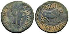 Celtiberian Coins Calagurris. Augustus period. Unit. 27 BC - 14 AD. Calahorra (La Rioja). (Abh-415). (Acip-3121). Anv.: MVN. CALAG. IMP. AVGVSTVS. Bare head of Augustus right. Rev.: Bull right, PR. II