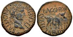 Celtiberian Coins Kelse-Celsa. Time of Tiberius. Unit. 14-36 AD. Velilla de Ebro (Zaragoza). (Abh-819). Anv.: TI. CAESAR. AVGVSTVS. Laureate head of Tiberius right. Rev.: Bull right, BACC. FRONT (N an